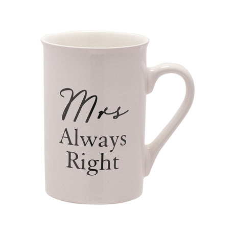 Ivory stoneware mug with curved handle, printed "Mrs Always Right" in black script and serif lettering, shown on a plain white background.