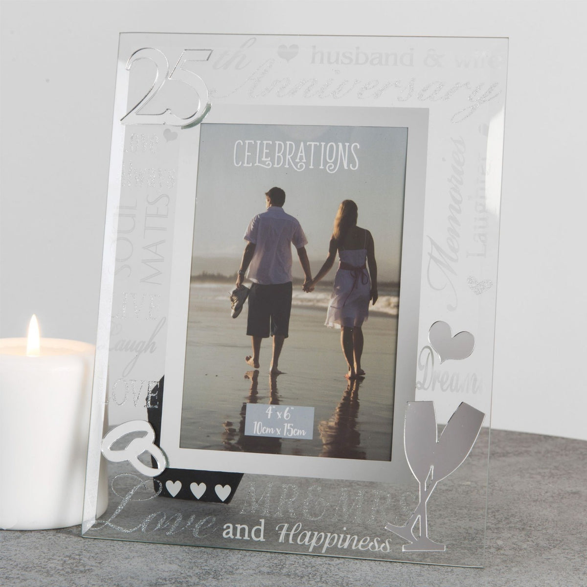 25th Anniversary Mirror 3D Words Photo Frame 6 x 4in - Silver