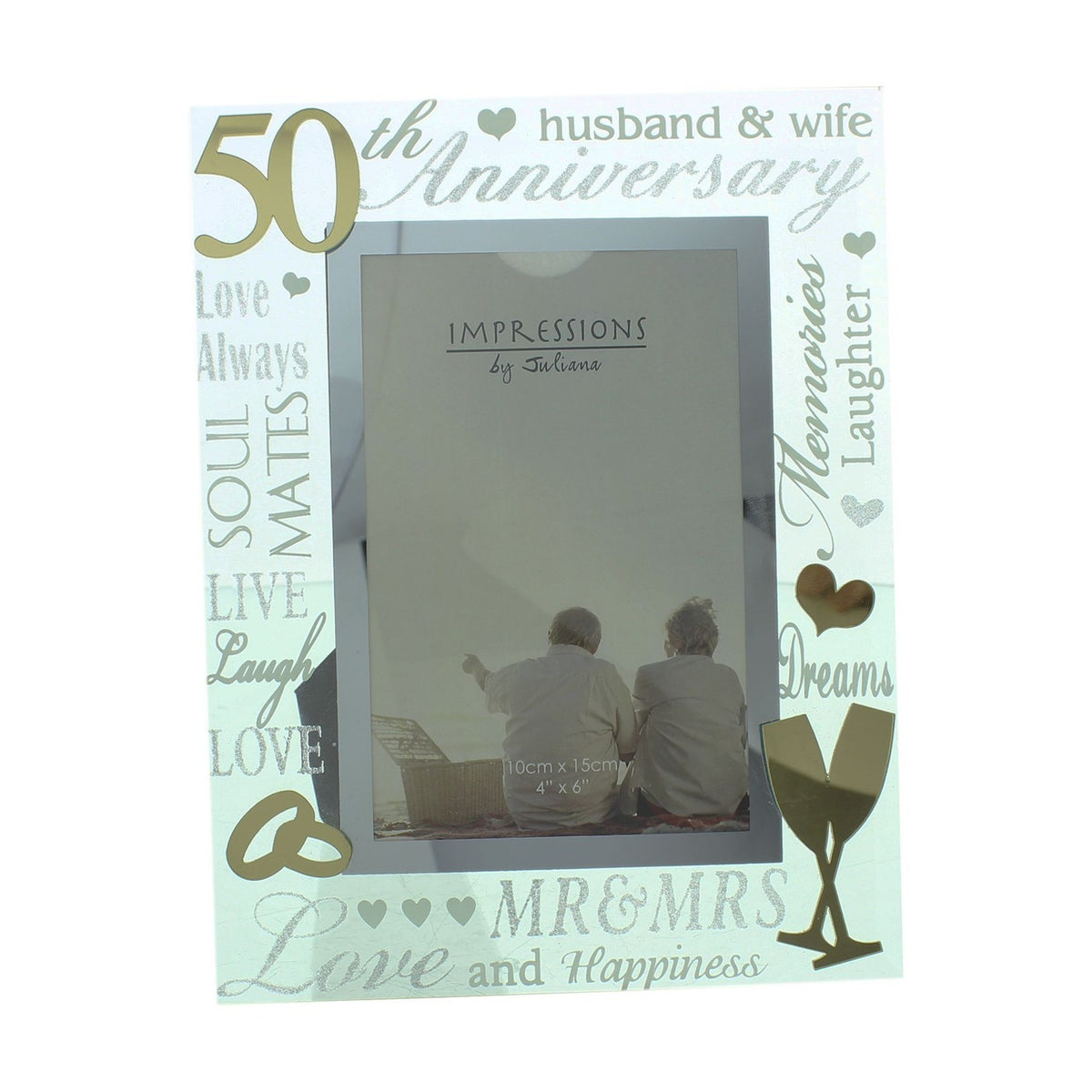 50th Anniversary Mirror 3D Words Photo Frame 6 x 4in - Gold