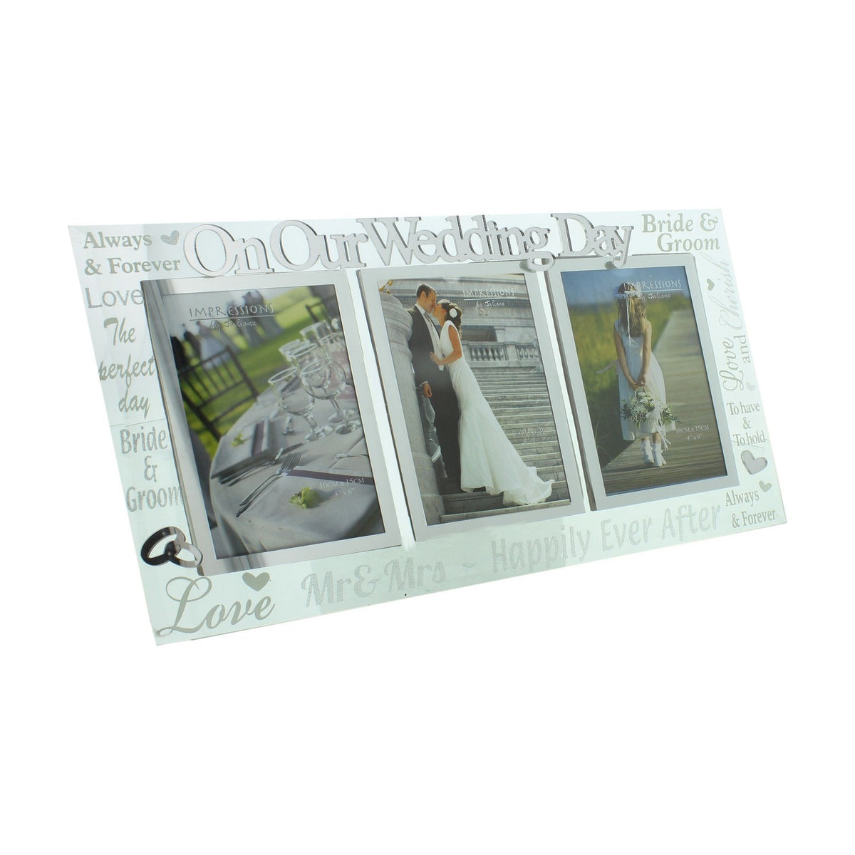 Wedding 3D Words Triple Mirror Glass Photo Frame 6 x 4in - Silver
