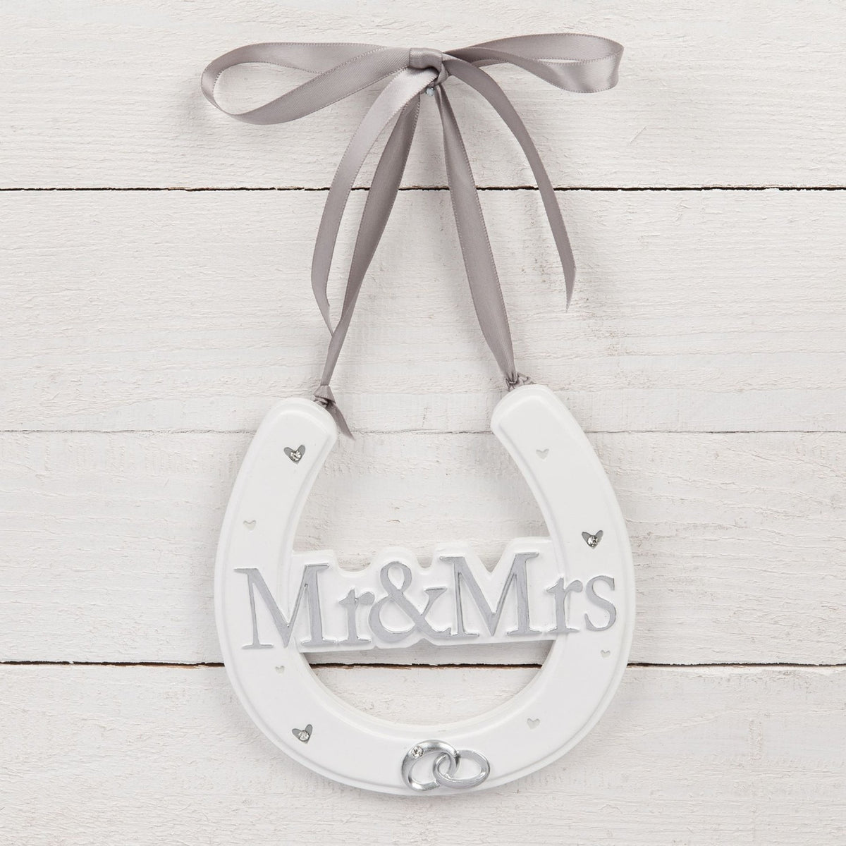 Mr&Mrs Wedding Horse Shoe Resin Wall Art with Ribbon - White