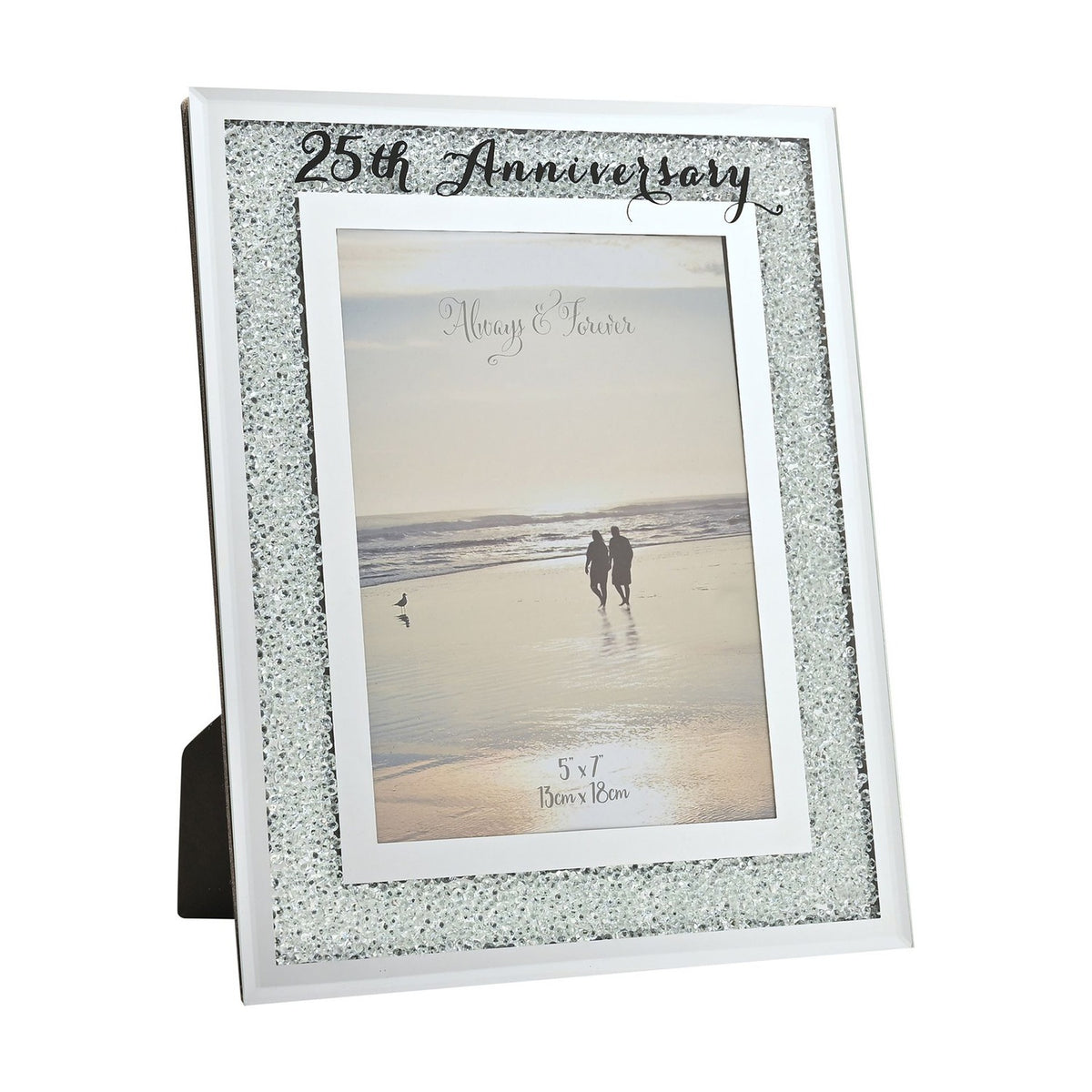 25th Anniversary photo frame with crystal border on silver mirror finish, white inner mat, and black script text, holding a 7 x 5in beach couple photo on a white background.
