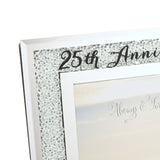 Close-up of a 25th Anniversary photo frame corner with a crystal-studded silver mirror border, white inner mat, and "Always & Forever" script visible on the photo.