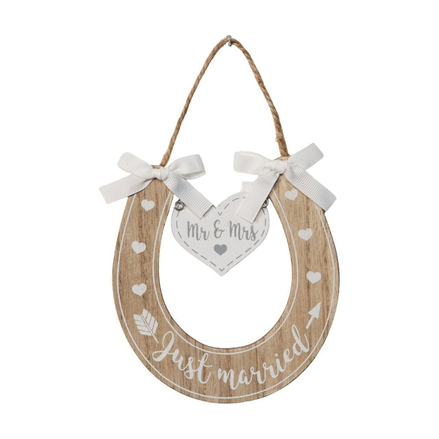 Wooden horseshoe-shaped MDF wall art with "Just Married" text, white hearts and arrow design, a hanging "Mr & Mrs" heart, white ribbon bows, and jute hanging cord on a white background.