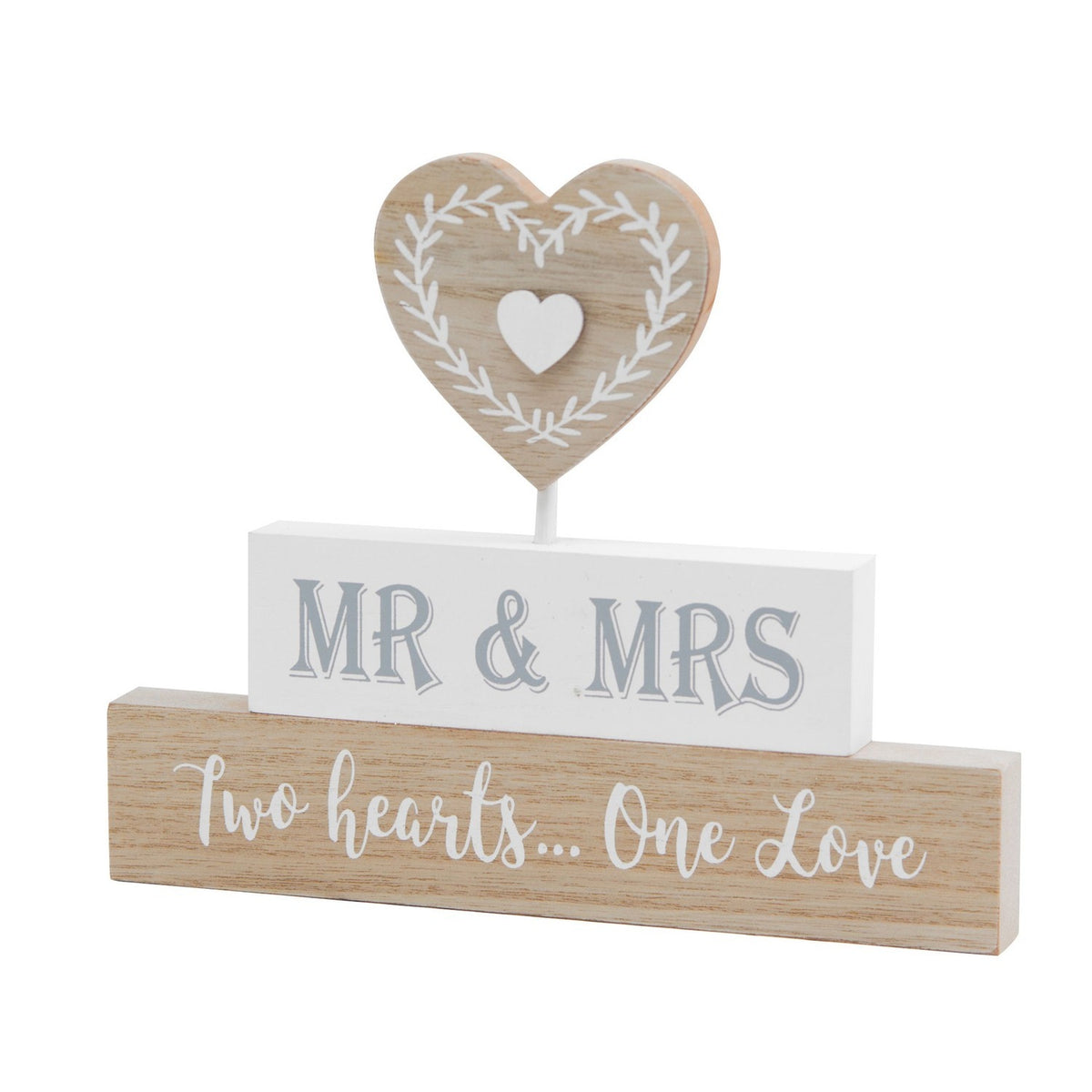 Freestanding Mr & Mrs 2 Hearts Mantel Blocks Decoration - Wood