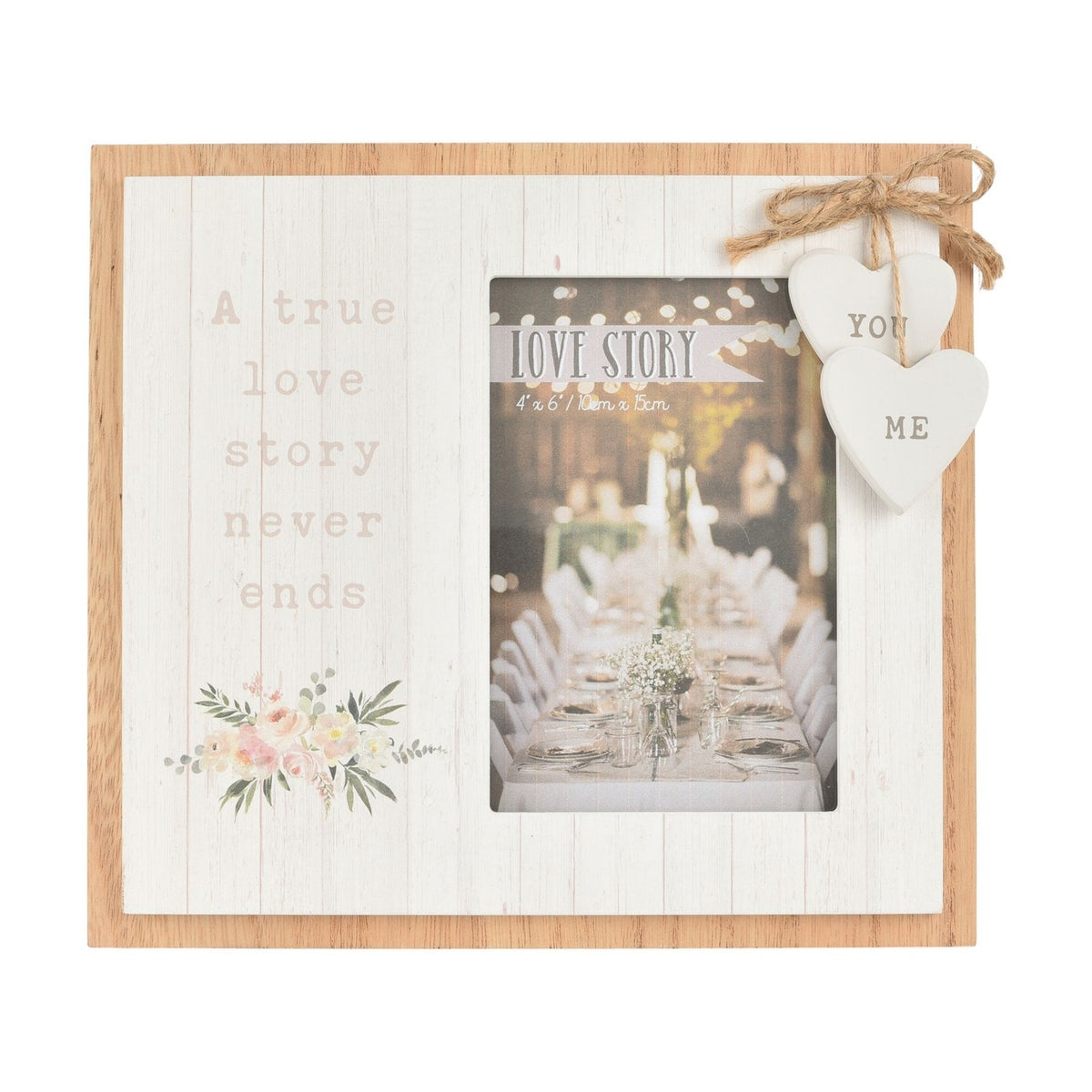 Love Story Floral Heart Wooden Photo Frame 6 x 4in - White
