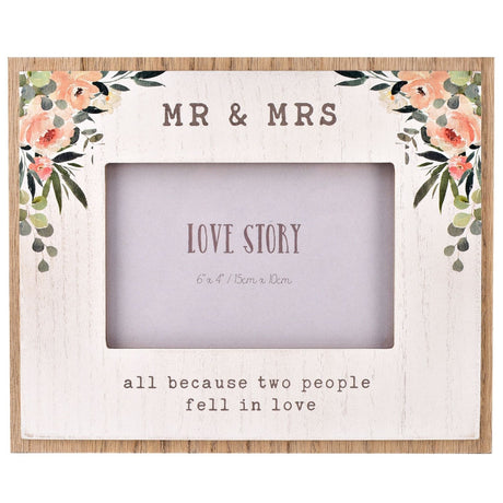 Mr & Mrs Floral Standing Wooden Photo Frame 6 x 4in - White