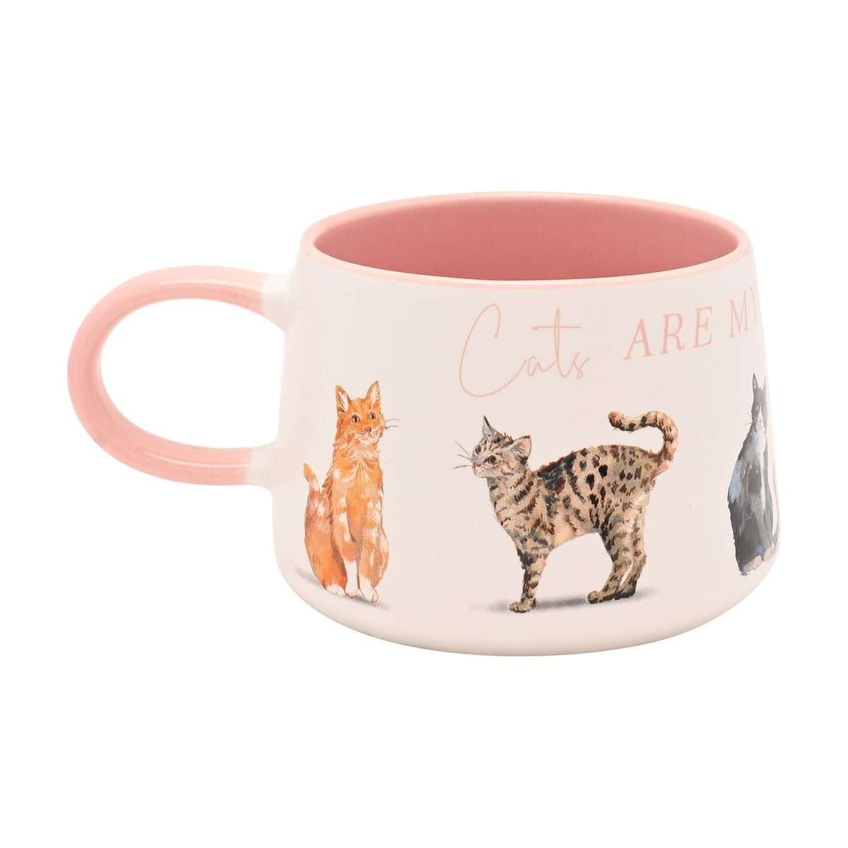 White ceramic mug with pink handle and interior, featuring "Cats Are My Favourite People" text and watercolour illustrations of cats, shown on a plain background.