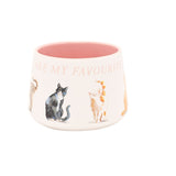 White ceramic mug with pink interior, featuring "Cats Are My Favourite People" text and watercolour-style illustrated cats around the exterior, shown on a plain white background.