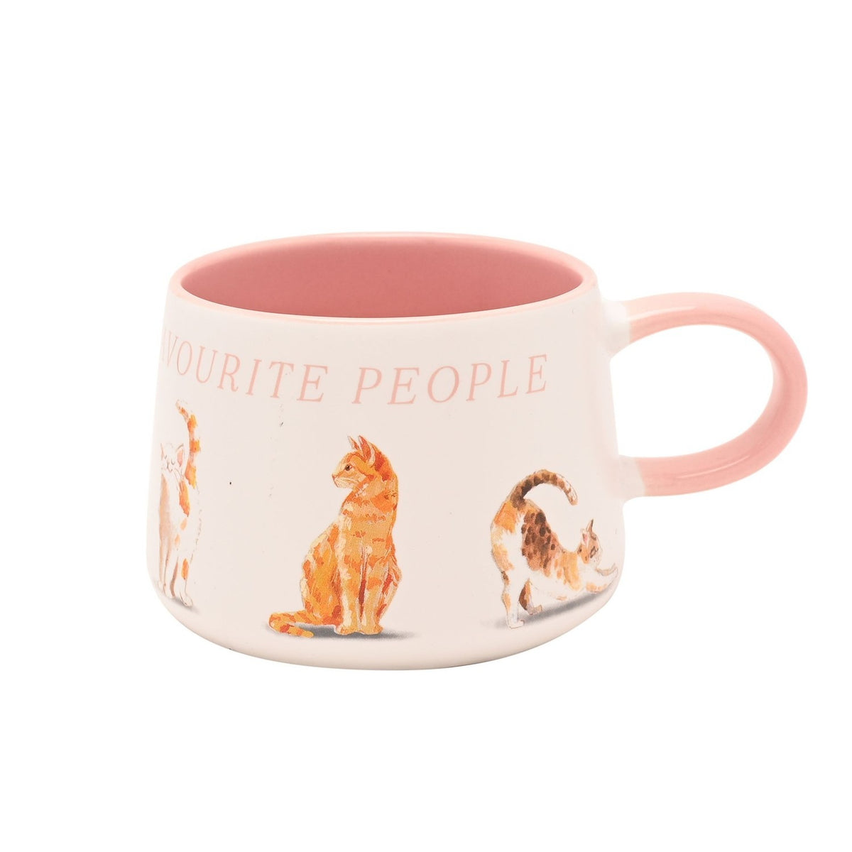 White ceramic mug with pink interior and handle, "Favourite People" text in pink, and illustrated watercolour cats around the side, on a plain white background.
