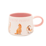 White ceramic mug with pink interior and handle, "Favourite People" text in pink, and illustrated watercolour cats around the side, on a plain white background.