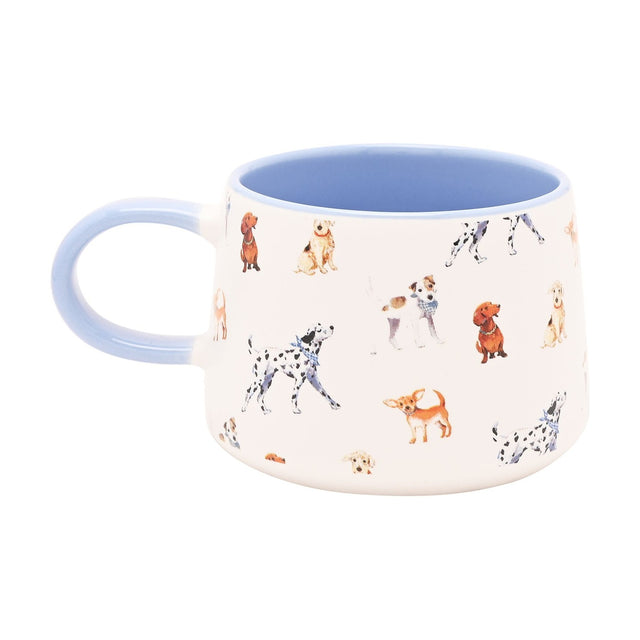 Tapered ceramic mug with a white body featuring a watercolour-style dog pattern, including Dalmatians, dachshunds and terriers, with a pale blue handle and interior, shown on a plain white background.