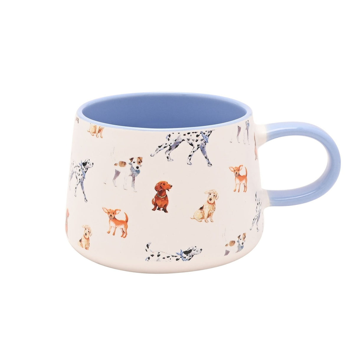 Tapered white ceramic mug with an all-over watercolour dog pattern, featuring a pale blue handle and matching interior, shown on a plain background.