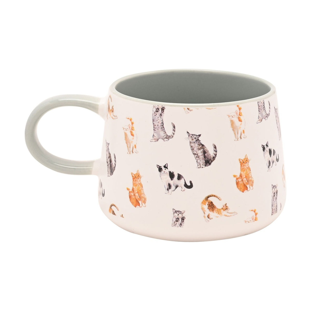 Illustrated Cat Pattern Ceramic Mug with Grey Handle - White