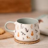 Illustrated Cat Pattern Ceramic Mug with Grey Handle - White