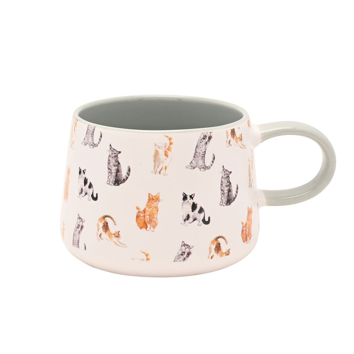 Illustrated Cat Pattern Ceramic Mug with Grey Handle - White