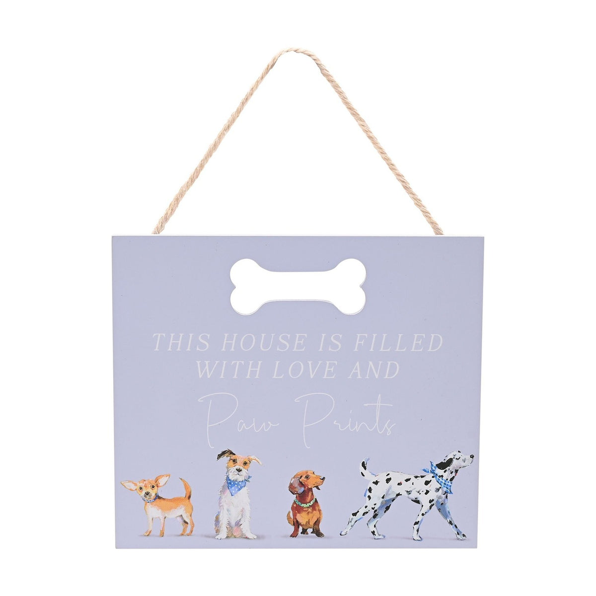 Dog Breeds Wooden Hanging Plaque with Bone Cut-Out - Purple