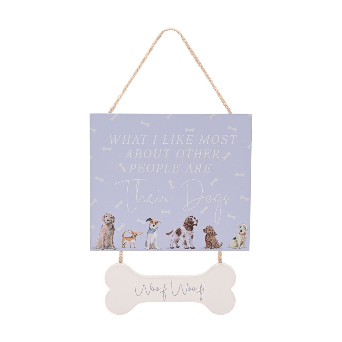 Illustrated Dogs Wooden Hanging Plaque with Bone Tag - Blue
