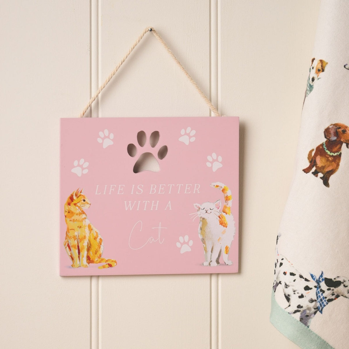 Life Is Better With A Cat Paw Print Wooden Hanging Plaque - Pink