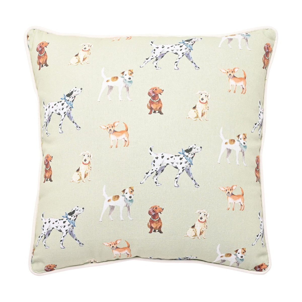 Square cushion, 42cm x 42cm, with a lime green ground, dog pattern featuring dalmatians, dachshunds, chihuahuas and terriers, finished with a cream piped edge on a white background.