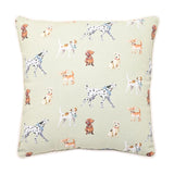Square cushion, 42cm x 42cm, with a lime green ground, dog pattern featuring dalmatians, dachshunds, chihuahuas and terriers, finished with a cream piped edge on a white background.