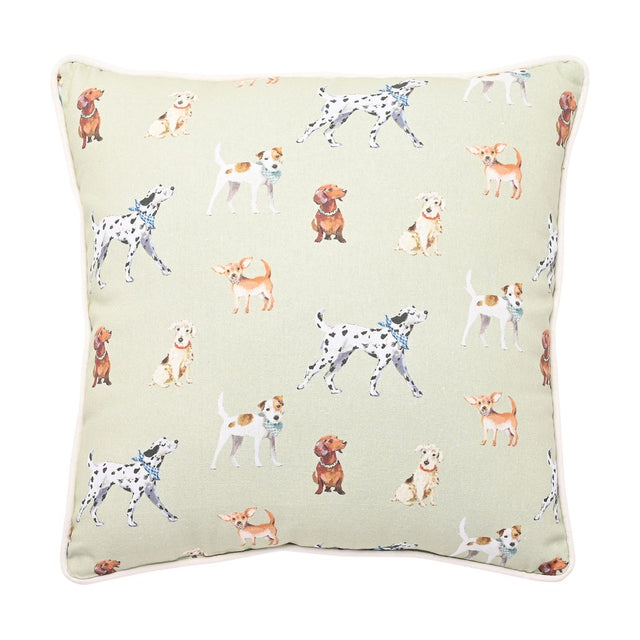 Square cushion, 42cm x 42cm, with a lime green ground, dog pattern featuring dalmatians, dachshunds, chihuahuas and terriers, finished with a cream piped edge on a white background.