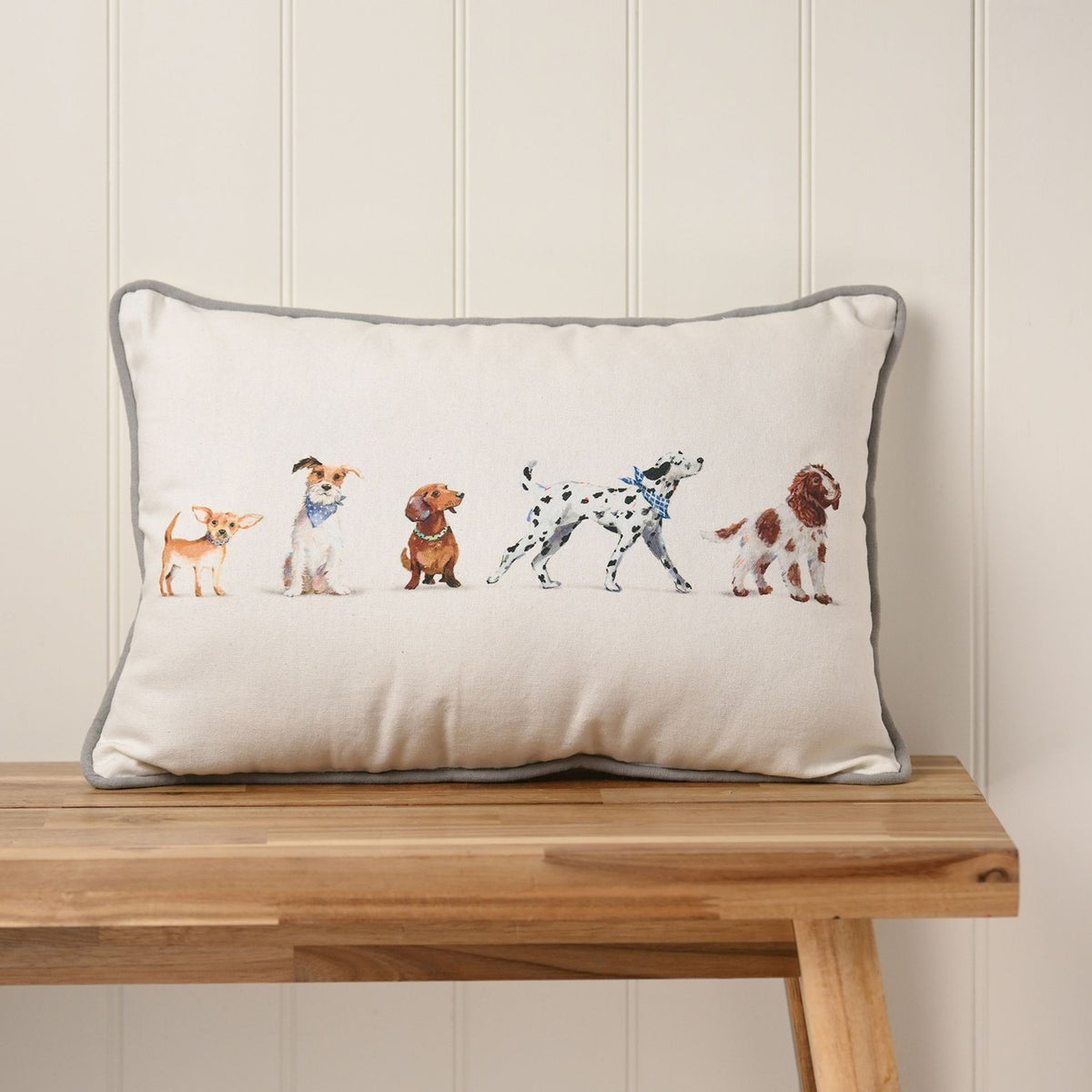 Dog Line Up Cushion with Grey Piping 46.5cm x 31cm - White
