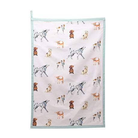 White cotton tea towel with a dog pattern—dalmatians, dachshunds, terriers and chihuahuas—framed by a pale aqua border, shown on a plain white background.