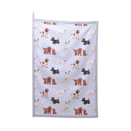Cotton tea towel with hanging loop in light blue, printed with repeating rows of Dalmatians, Scottie dogs, terriers and spaniels, shown on a plain white background.