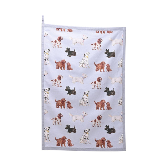 Cotton tea towel with hanging loop in light blue, printed with repeating rows of Dalmatians, Scottie dogs, terriers and spaniels, shown on a plain white background.