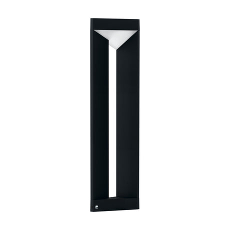 Wilbena LED bollard light in black, a tall rectangular aluminium frame with an open centre slot and a white triangular diffuser at the top, shown on a plain white background.