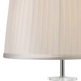 A close-up of the Willow 1 Light Crystal Table Lamp, featuring a white pleated shade, chrome metal stand, and crystal accents on its clear round base, set against a plain white background.