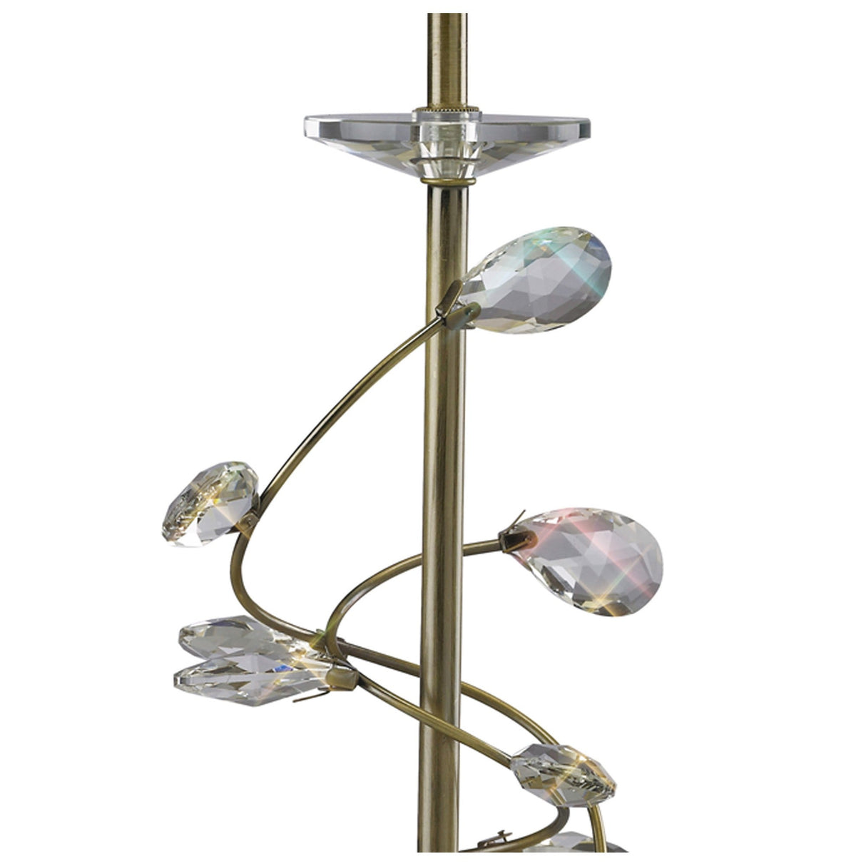 Close-up of the Willow 1 Light Crystal Table Lamp in antique brass with a gold metal stand and teardrop-shaped crystal accents spiraling around it, reflecting subtle rainbow hues. Shown with white shade on a white background.