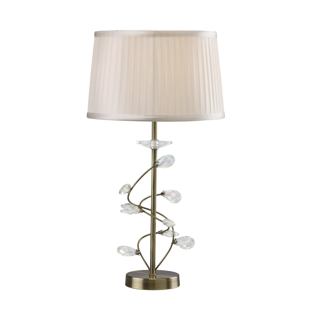 The Willow 1 Light Crystal Table Lamp features an antique brass finish, a white pleated lampshade, a gold-tone base, and a spiral metal stem accented with clear crystals for an elegant decorative touch.