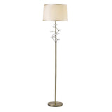 The Willow 1 Light Crystal Floor Lamp features an antique brass finish, a round base, slender stand, cream shade, and decorative crystal accents branching beneath the shade.