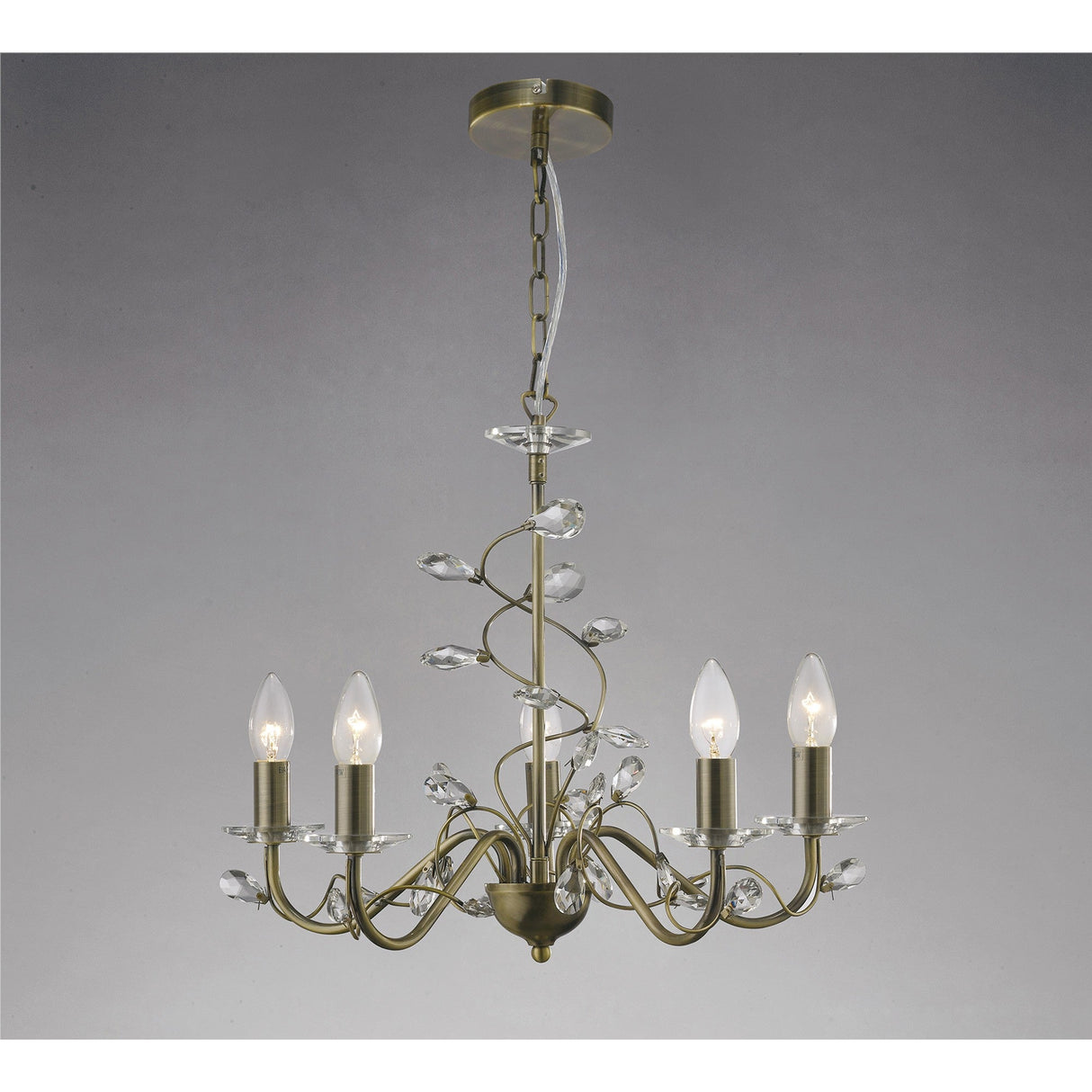 Willow 5 Light Crystal Chandelier - Antique Brass (Without Shade)