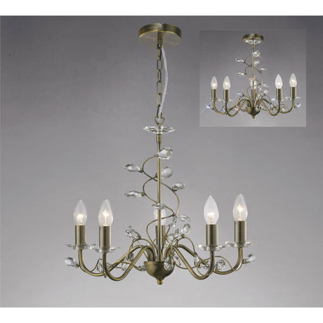 Willow 5 Light Crystal Chandelier - Antique Brass (Without Shade)