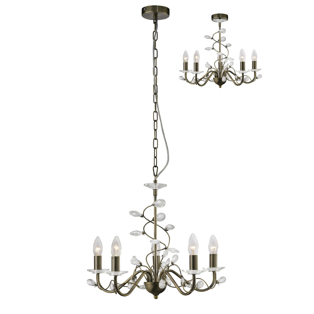 Willow 5 Light Crystal Chandelier - Antique Brass (Without Shade)