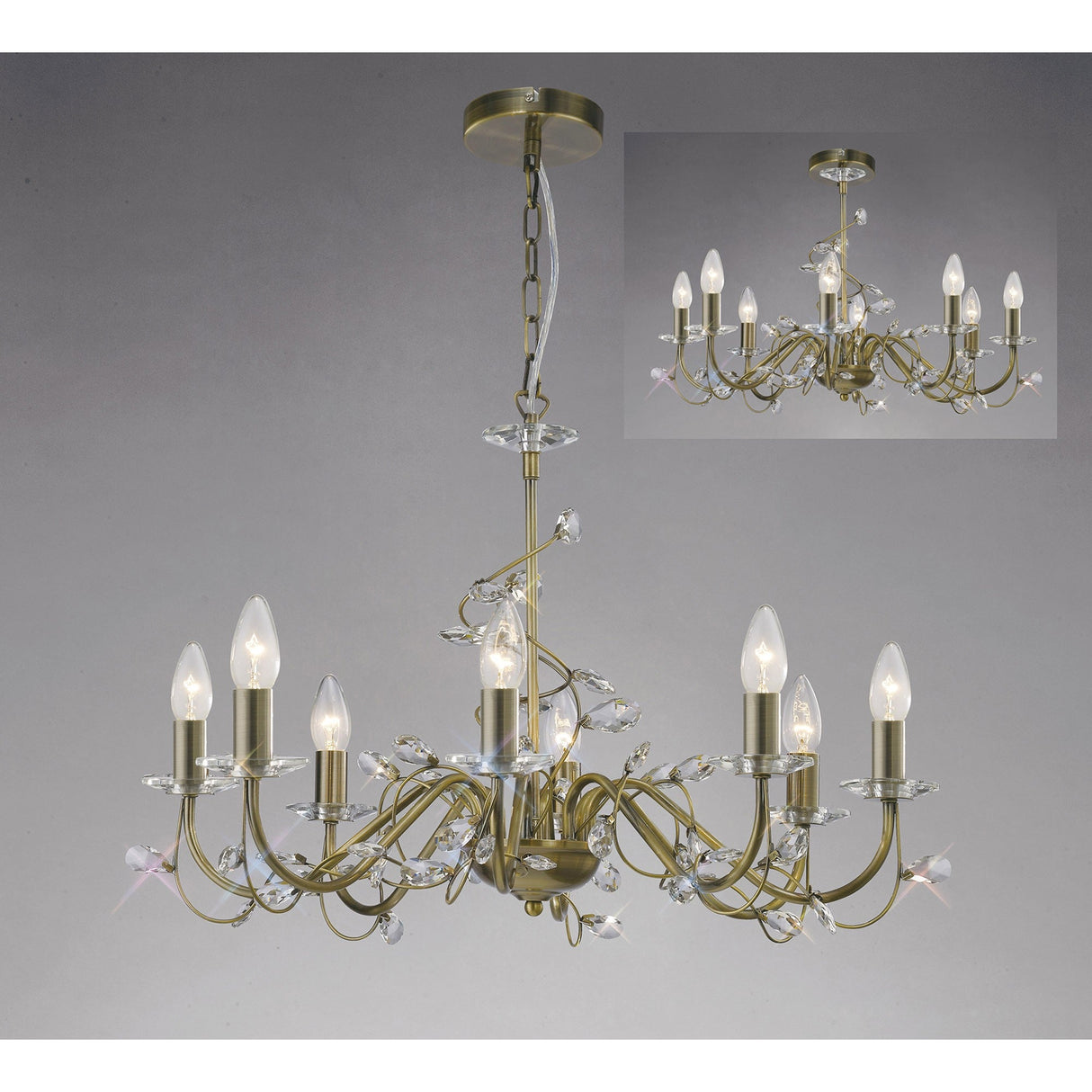 Willow 8 Light Crystal Chandelier - Antique Brass (Without Shade)