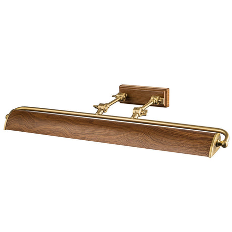 Introducing the Winchfield 4 Light Large Picture Light in aged brass and oak effect, featuring an adjustable arm to perfectly illuminate wall art or pictures. The blend of aged brass and wood imparts a timeless, sophisticated look.