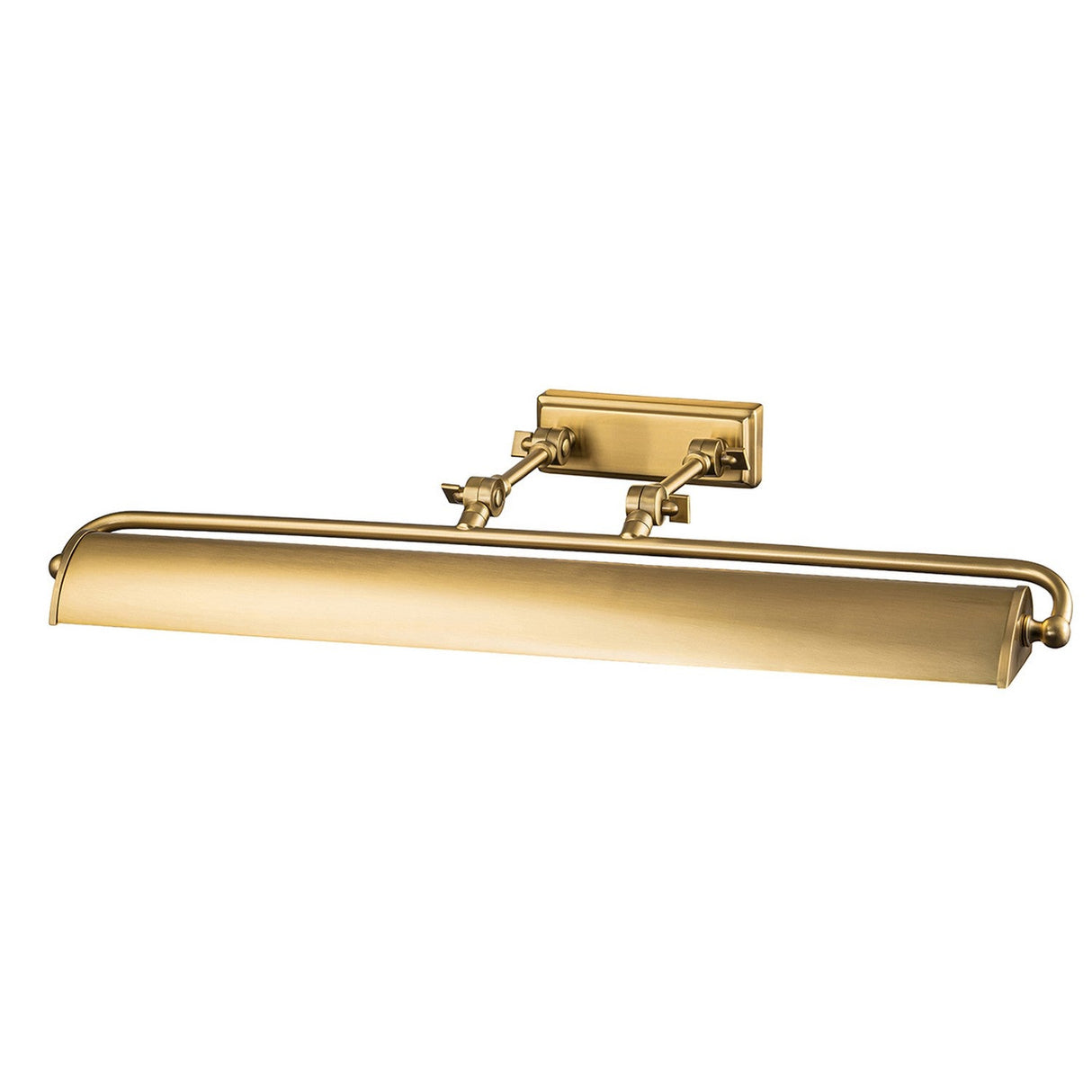 The Winchfield 4 Light Large Picture Light in aged brass showcases a slim, elongated shade and decorative arms, offering mid-century modern elegance and style to illuminate artwork or photographs.