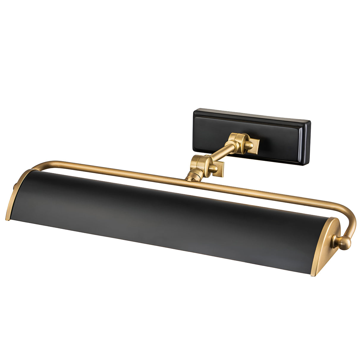 Introducing the Winchfield 2 Light Medium Picture Light in Aged Brass and Matte Black, a sleek wall-mounted fixture with an adjustable matte black shade. This beautifully designed light merges modern and classic styles to highlight your artwork effectively.