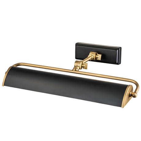 Introducing the Winchfield 2 Light Medium Picture Light in Aged Brass and Matte Black, a sleek wall-mounted fixture with an adjustable matte black shade. This beautifully designed light merges modern and classic styles to highlight your artwork effectively.