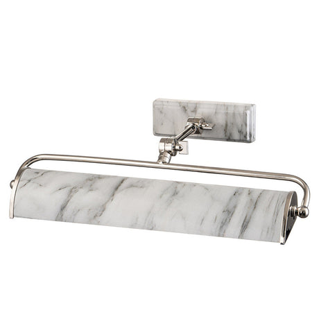 The Winchfield 2 Light Medium Picture Light, featuring a polished nickel frame and a white marble effect shade, is designed to illuminate artwork or photos.