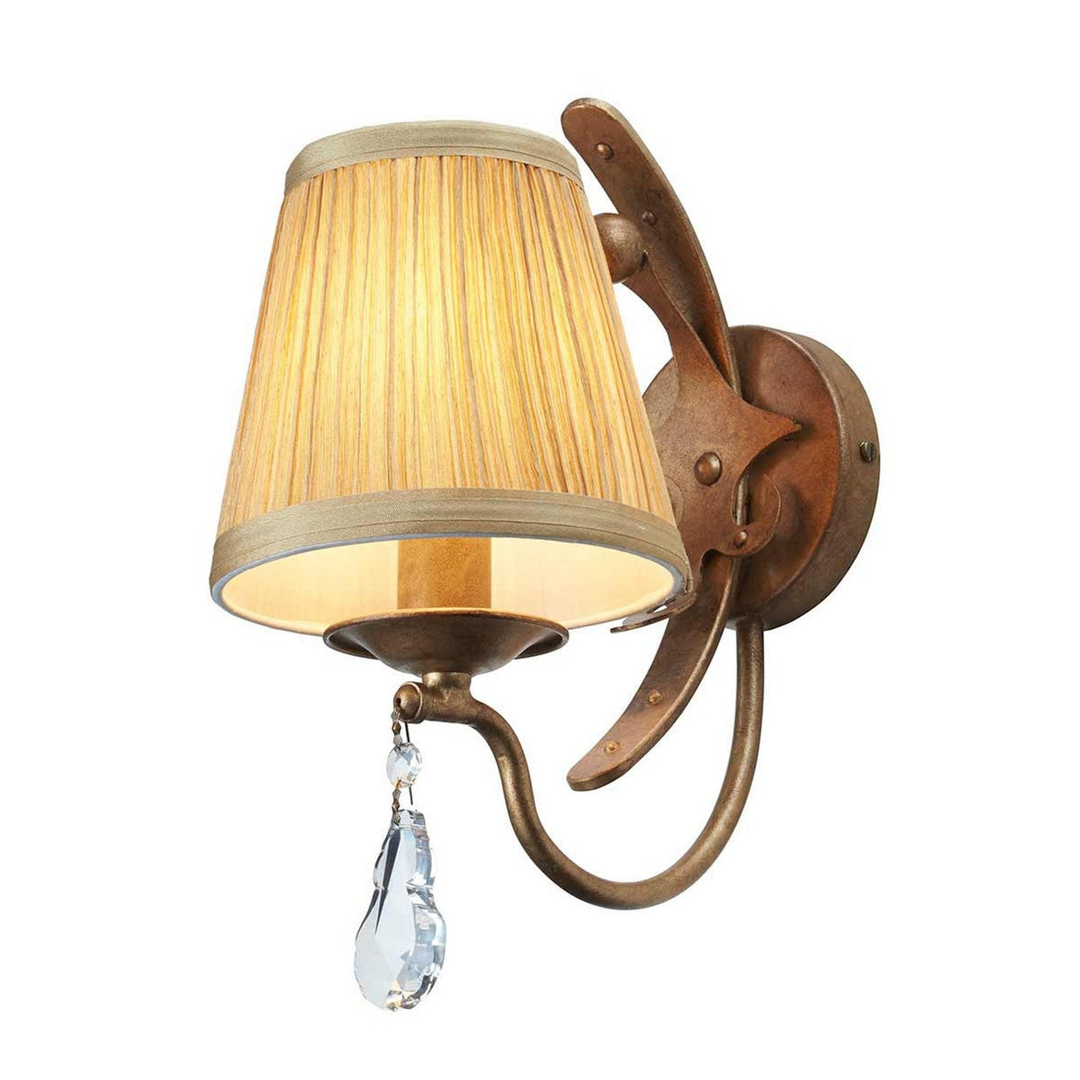 Presenting the Windsor 1 Light Wall Light in a Gold Patina finish: a vintage-style fixture featuring an ornate metal arm and a classic, tapered pleated lampshade in a warm golden hue. This handcrafted UK piece is elegantly accented with a single crystal drop hanging below the shade.