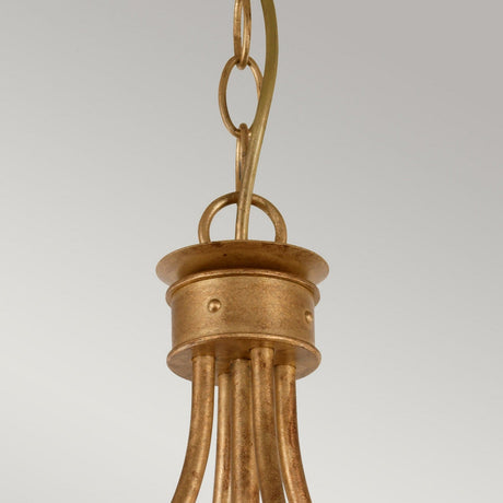 Close-up of the Windsor 4 Light Chandelier chain in a gold patina finish. Decorative cap and rods extend downwards, set against a soft gray background that accentuates the chain's elegant, antique charm. Meticulously handcrafted in the UK for timeless allure.