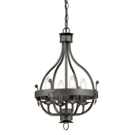 The Windsor 4 Light Chandelier in a graphite finish showcases an ornate black iron design with a curved teardrop frame hanging from a chain. It features four candle-shaped light bulbs arranged in a circular pattern, complemented by hand-crafted detailing that enhances its classic and elegant style, making it ideal for traditional interiors.