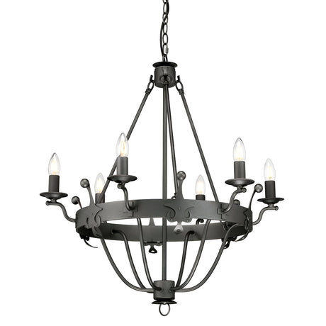 The Windsor 6 Light Chandelier - Graphite exudes elegance with its graphite finish, showcasing six candle-style light fixtures. Its glowing bulbs, gracefully curved metal arms, and circular frame come together to create a classic and sophisticated appearance as it hangs from a chain.