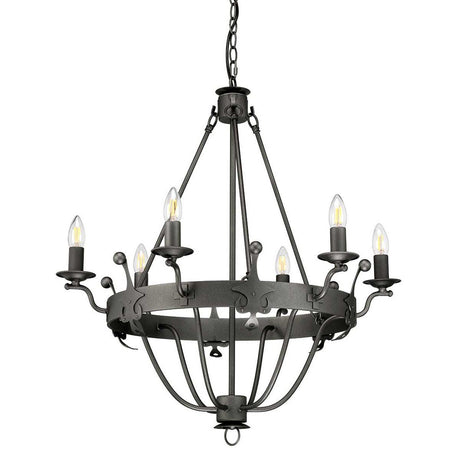 Discover the Windsor 6 Light Chandelier - Graphite, an elegant lighting fixture designed with a black wrought iron finish. This chandelier features six candle-shaped LED bulbs gracefully arranged on curved arms around a circular frame and is equipped with a chain for easy hanging.