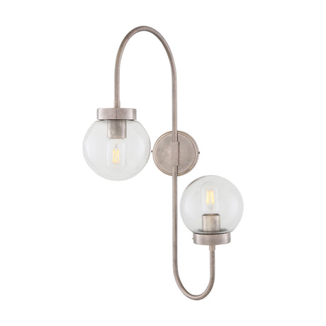 Winslow Twin Glass Swan Neck Globe Wall Light with two clear glass globes on curved brass swan neck arms from a single round backplate, shown on a plain white background.